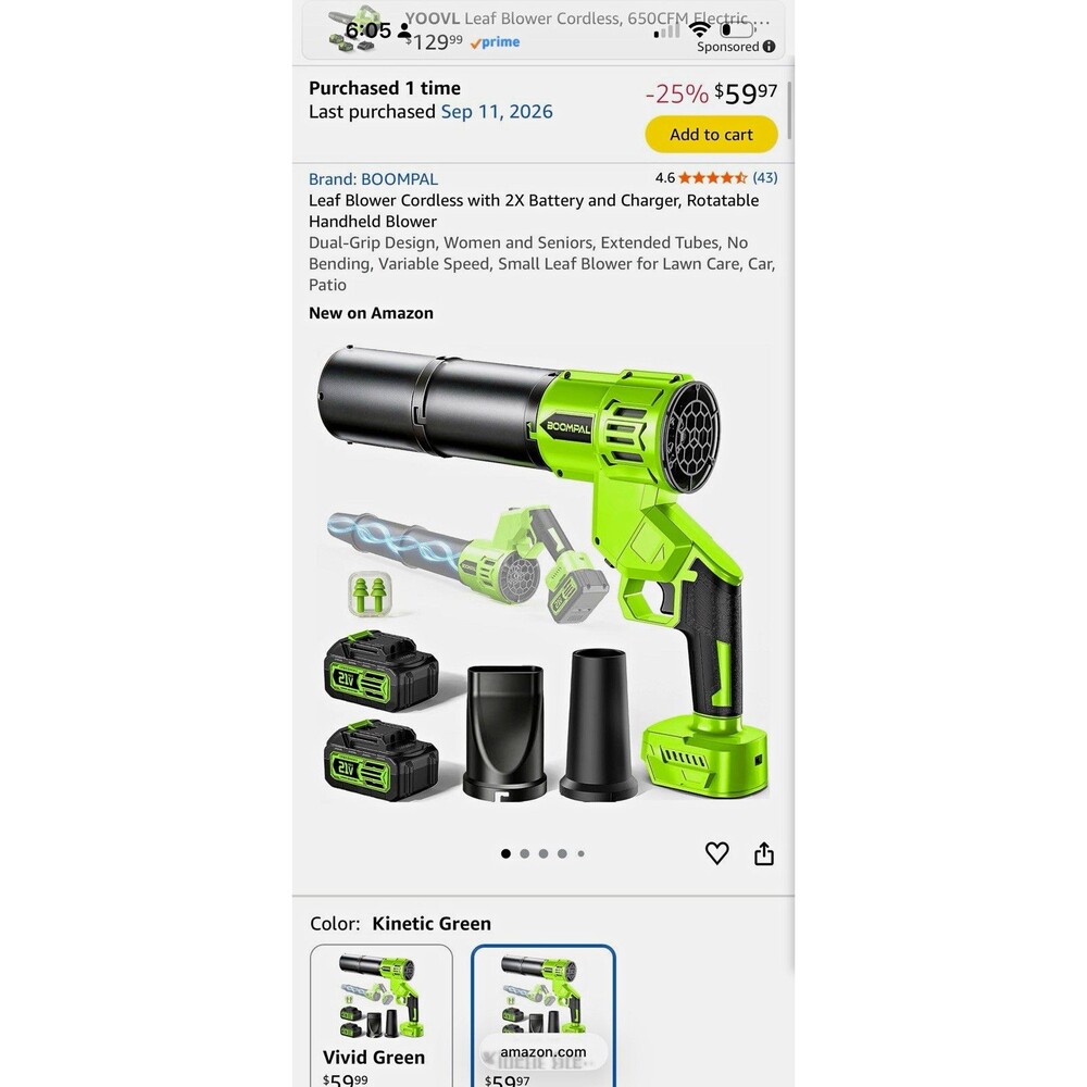 Battery Powered Leaf Blower BOOMPAL 21V Cordless Handheld, 2 Batteries & Charger